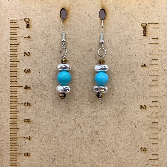 Turquoise & Silver Hematite & Crystals Handmade Pierced Earrings LR125 - Picture 2 of 3